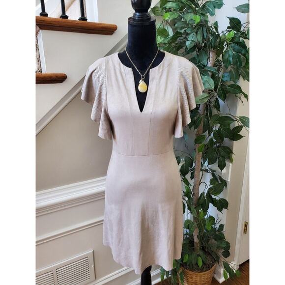 Mango Suit Beige Faux Suede V-Neck Short Flutter Sleeve Knee Length Dress XXS - Picture 1 of 9